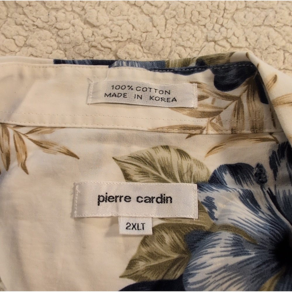 Vintage Pierre Cardin Men's Floral Hawaiian Shirt Blue White Botanical Aloha 2XL - Picture 8 of 8